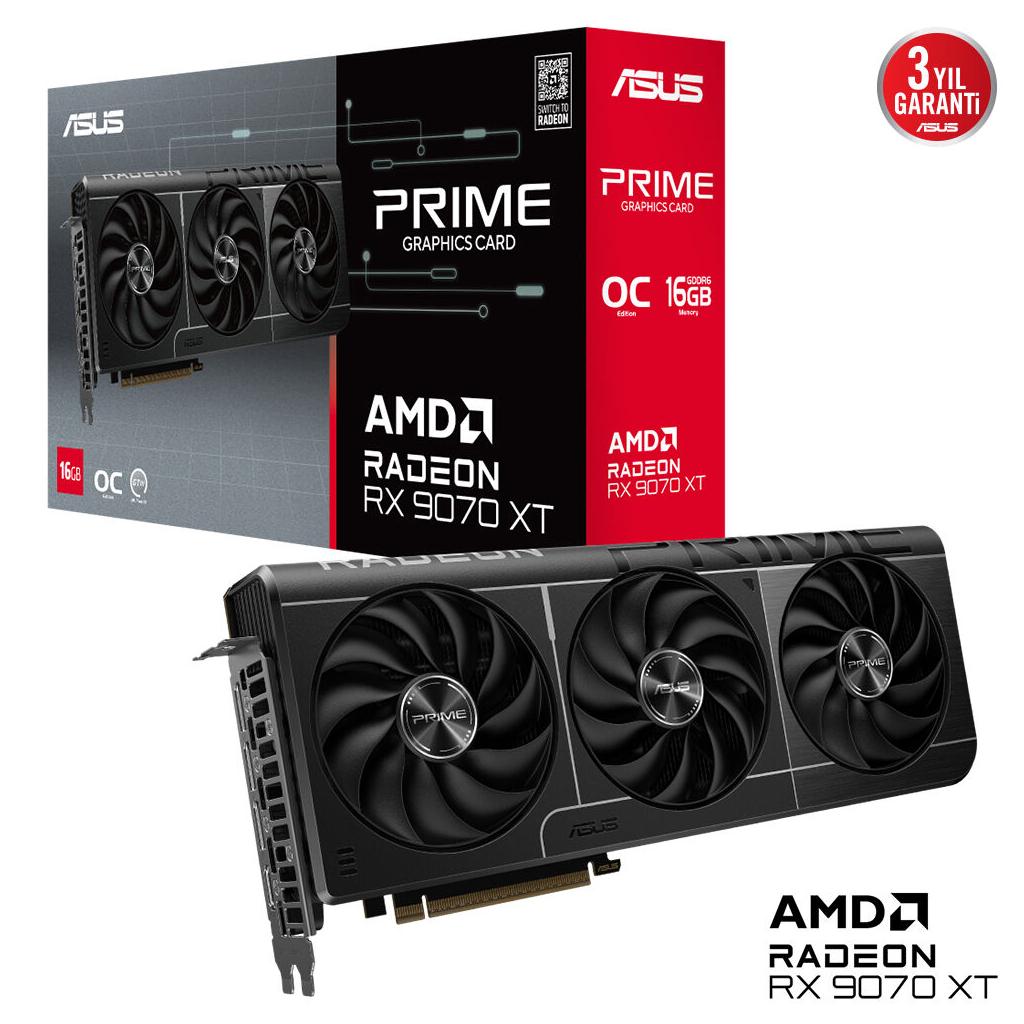 ASUS PRIME-RX9070XT-O16G, 16Gb, 256Bit, GDDR6, 1xHDMI, 3xDP, GAMING Ekran Kartı