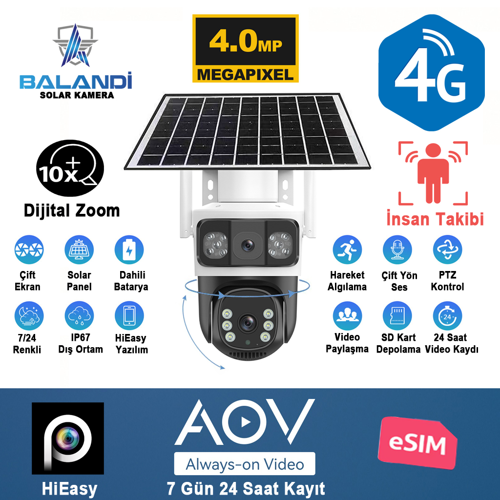 BALANDI PRO-8200GIP 4MP 2 Kameralı 4G AOV ESIM Solar Kamera