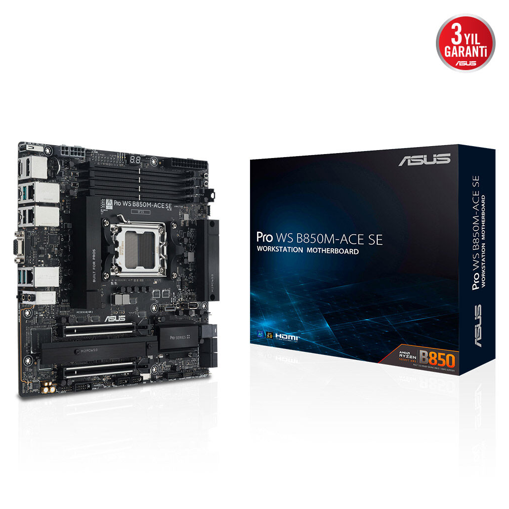 ASUS PRO WS B850M-ACE SE, 4xDDR5, 2xM.2, HDMI, DP, Type-C, D-SUB, PCIe 5.0, AM5 Soket Micro-ATX Anakart