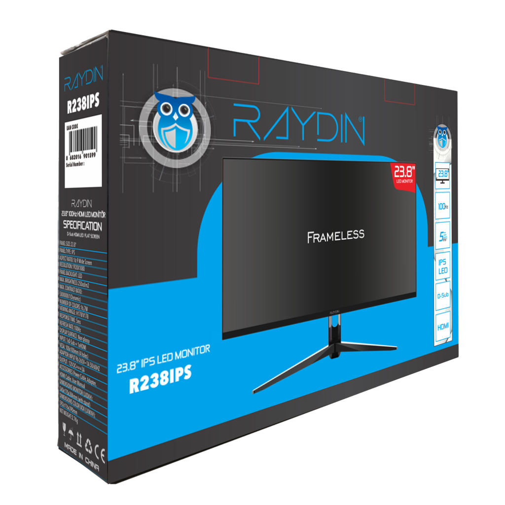 RAYDIN R238IPS, 23,8" 5ms, 100Hz, Full HD, D-Sub, HDMI, Frameless, IPS LED Monitör (Siyah)