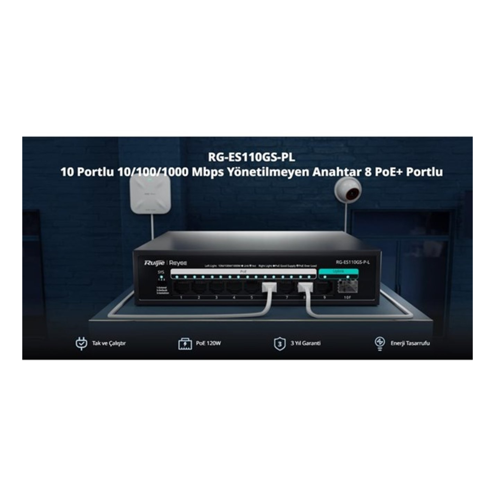 RUIJIE REYEE RG-ES110GS-P-L 10 Port, 8 Port  Gigabit PoE, 120W, 1 Port SPF, 1 Port Gigabit Uplink, Switch