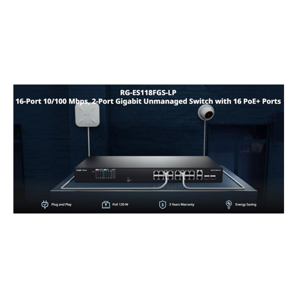 RUIJIE REYEE RG-ES118FGS-LP  18 Port, 16 Port  Megabit PoE, 120W, 2 Port Gigabit  COMBO,  Switch  Metal Kasa