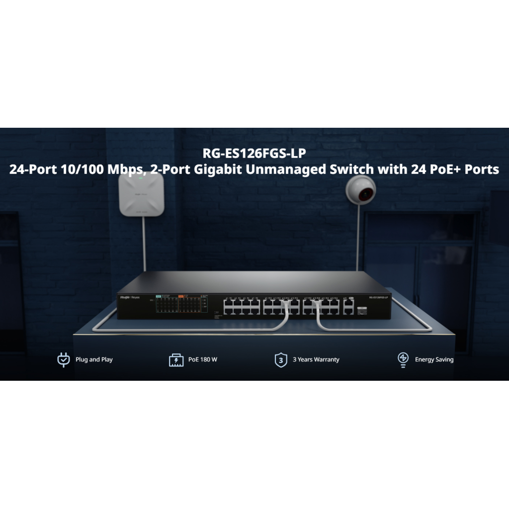 RUIJIE REYEE RG-ES126FGS-LP  26 Port, 24 Port  Megabit PoE, 180W, 2 Port Gigabit Uplink, 1 Port Gigabit COMBO,  Switch  Metal Kasa