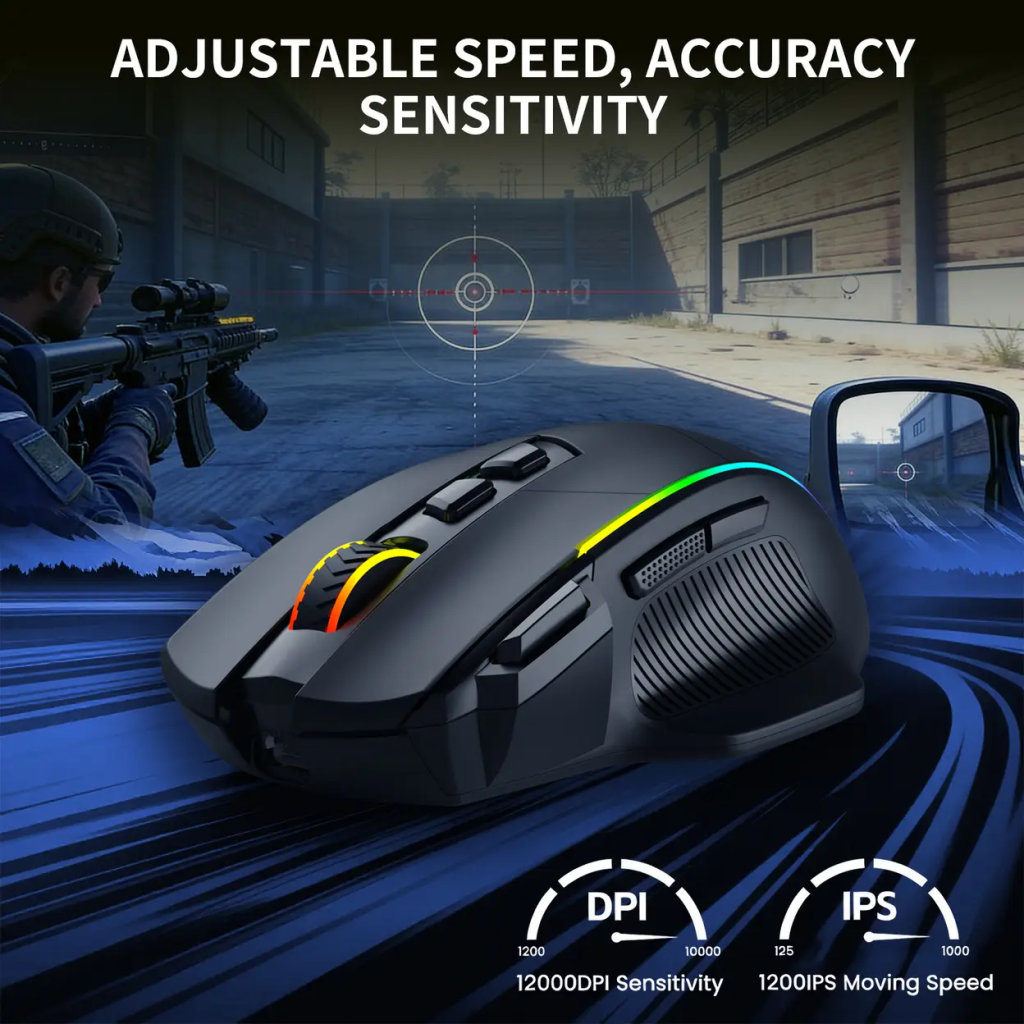 T-DAGGER TM330, Roadmaster Wireless, Programlanabilir RGB Backlight, 8 Buton, USB Kablolu, WiFi 2.4Ghz, Bluetooth, 16.00DPI, Gaming Mouse