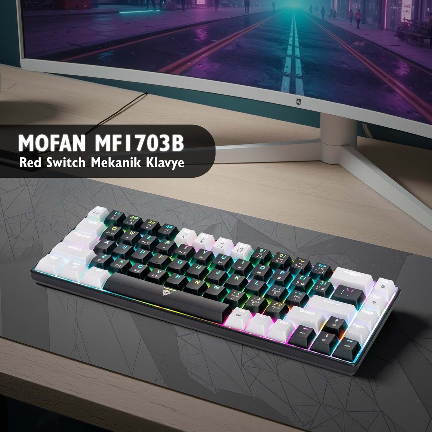 MOFAN MF1703W Tri Mode Mekanik Gaming Klavye Red Switch RGB 68 Tuş Beyaz Siyah