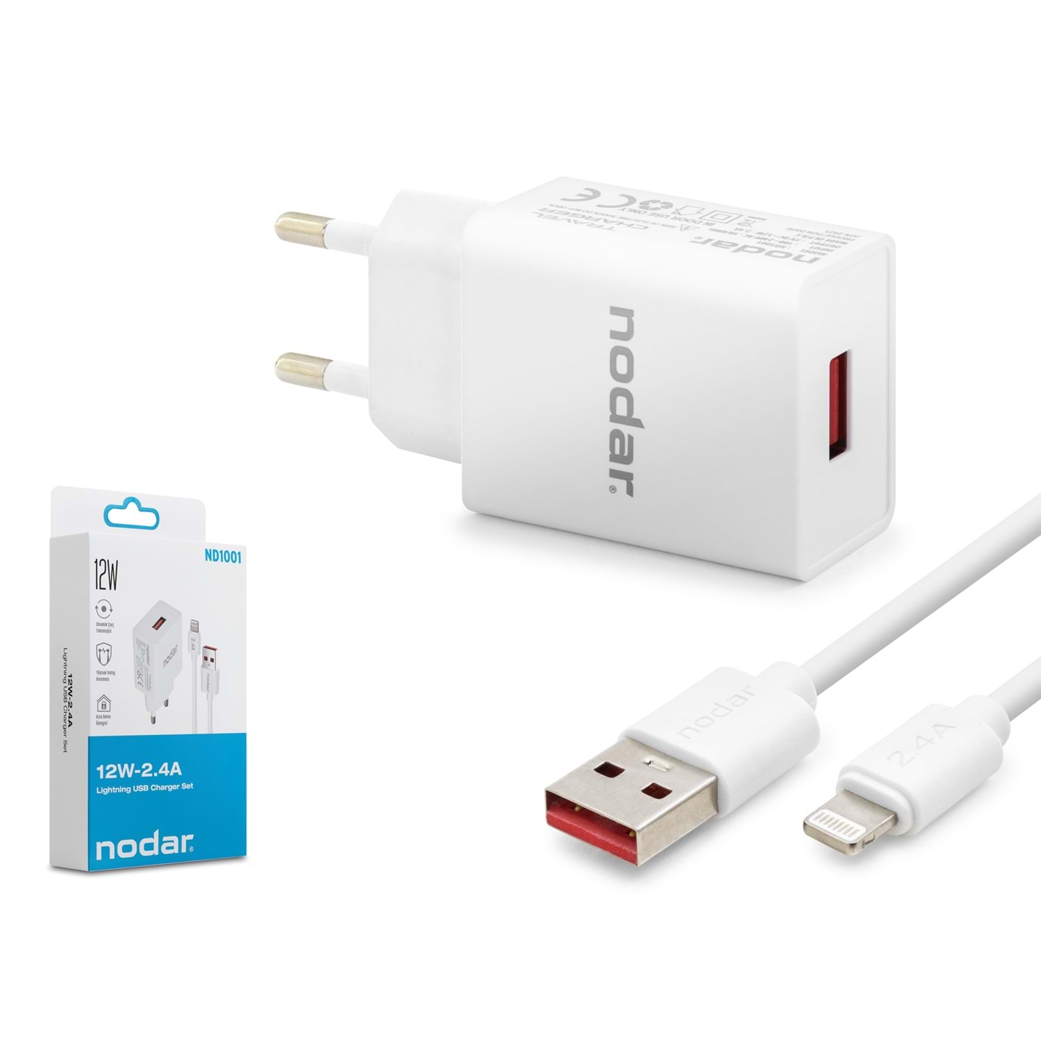 Kruxon ND1001 Lightning Hızlı Şarj Seti 12W 2.4A USB Adaptörlü 1 m PVC Kablolu Beyaz