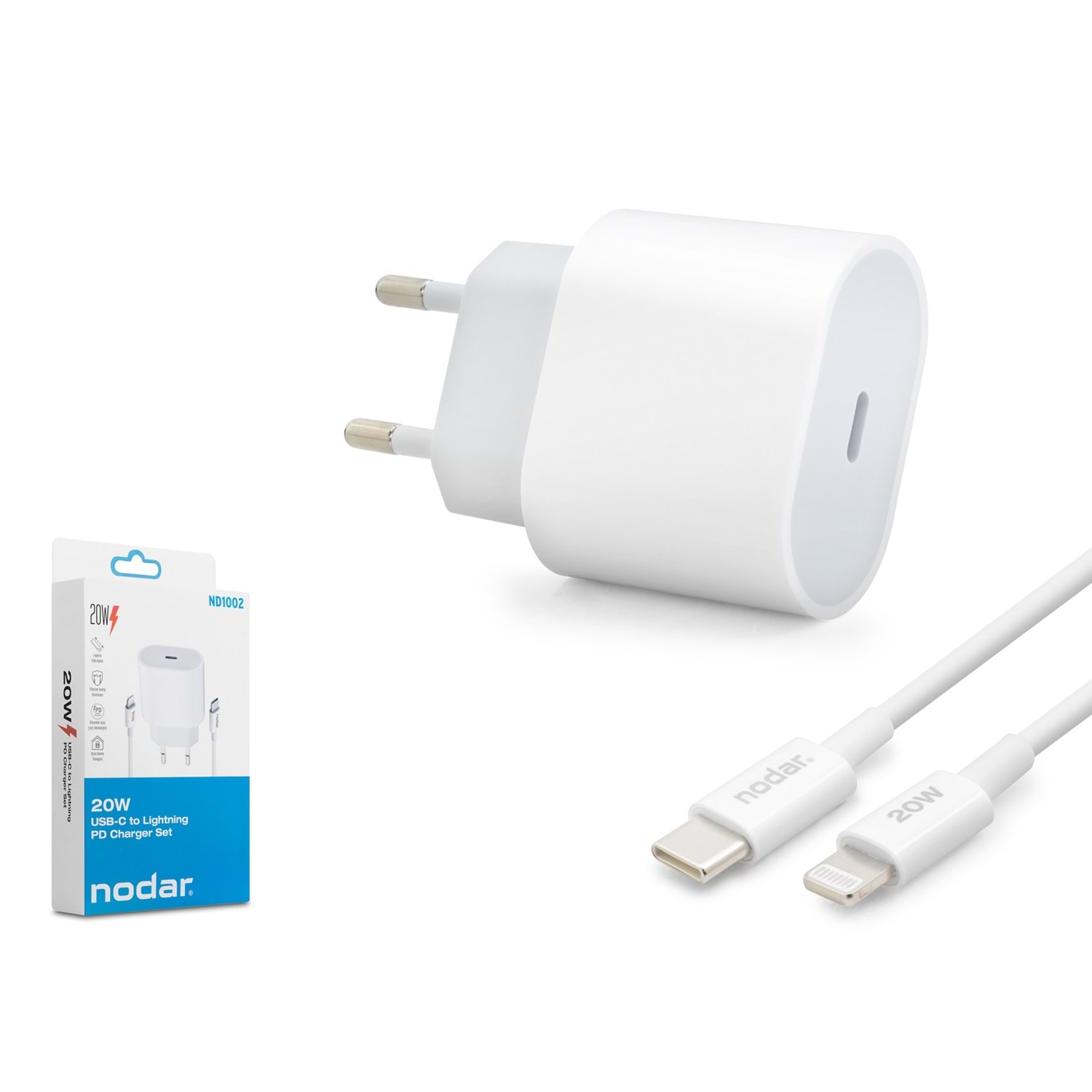 Kruxon ND1002 Type-C Lightning PD Hızlı Şarj Seti 20W Type-C Adaptörlü 1 m PVC Kablolu Beyaz