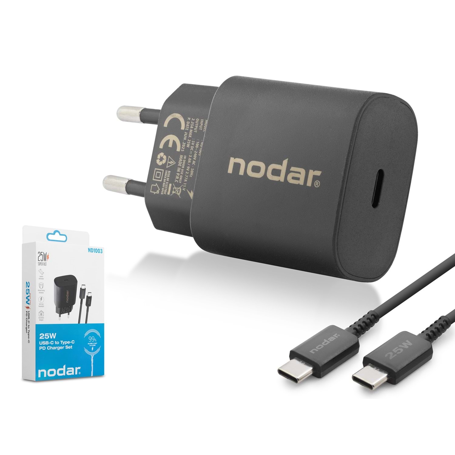 Kruxon ND1003 Type-C PD Hızlı Şarj Seti 25W Type-C Adaptörlü 1 m PVC Kablolu Siyah
