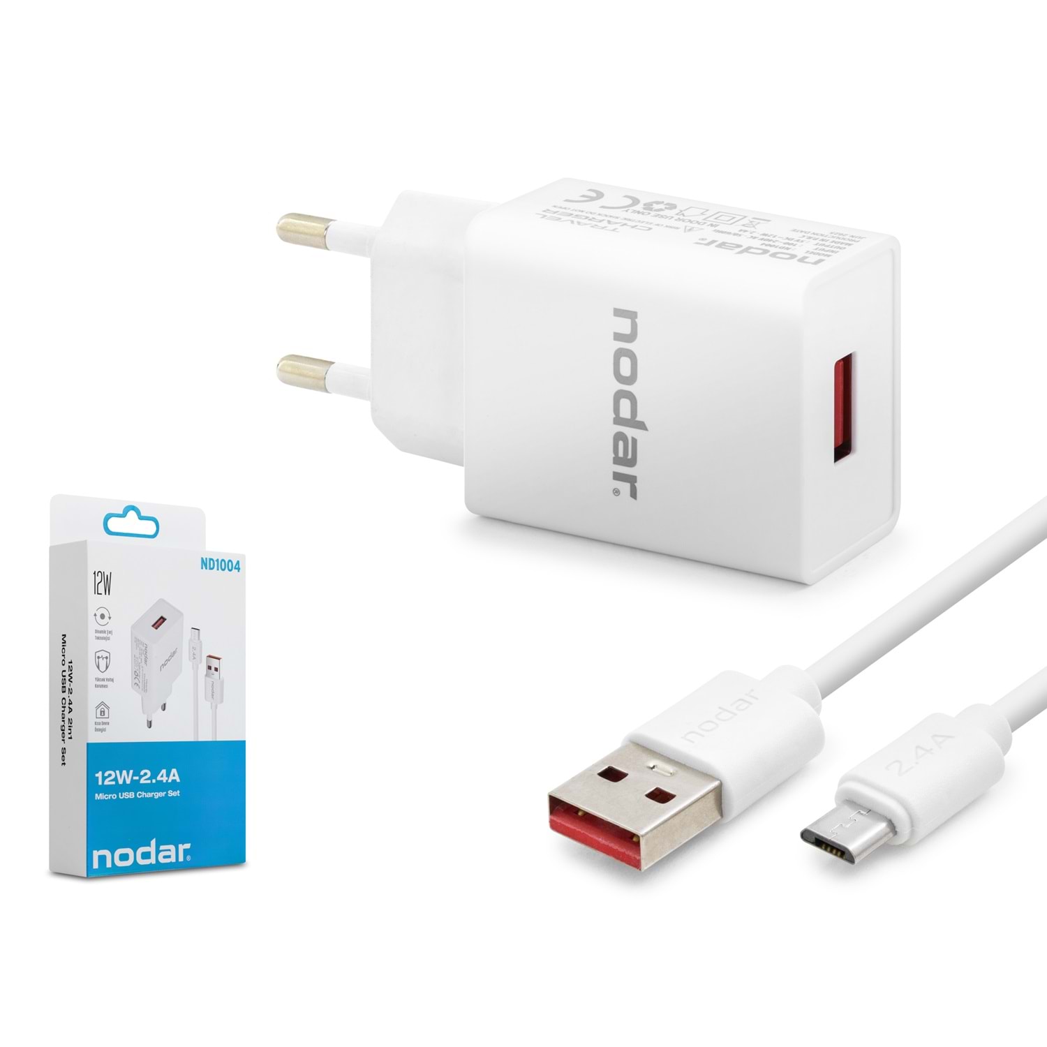 Kruxon ND1004 Micro USB Hızlı Şarj Seti 12W 2.4A USB Adaptörlü 1 m PVC Kablolu Beyaz