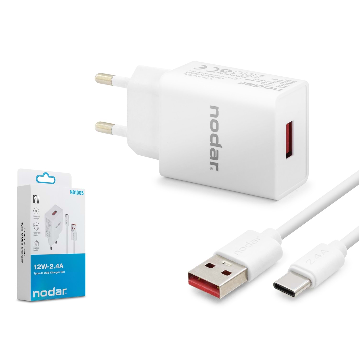 Kruxon ND1005 Type-C Hızlı Şarj Seti 12W 2.4A USB Adaptörlü 1 m PVC Kablolu Beyaz