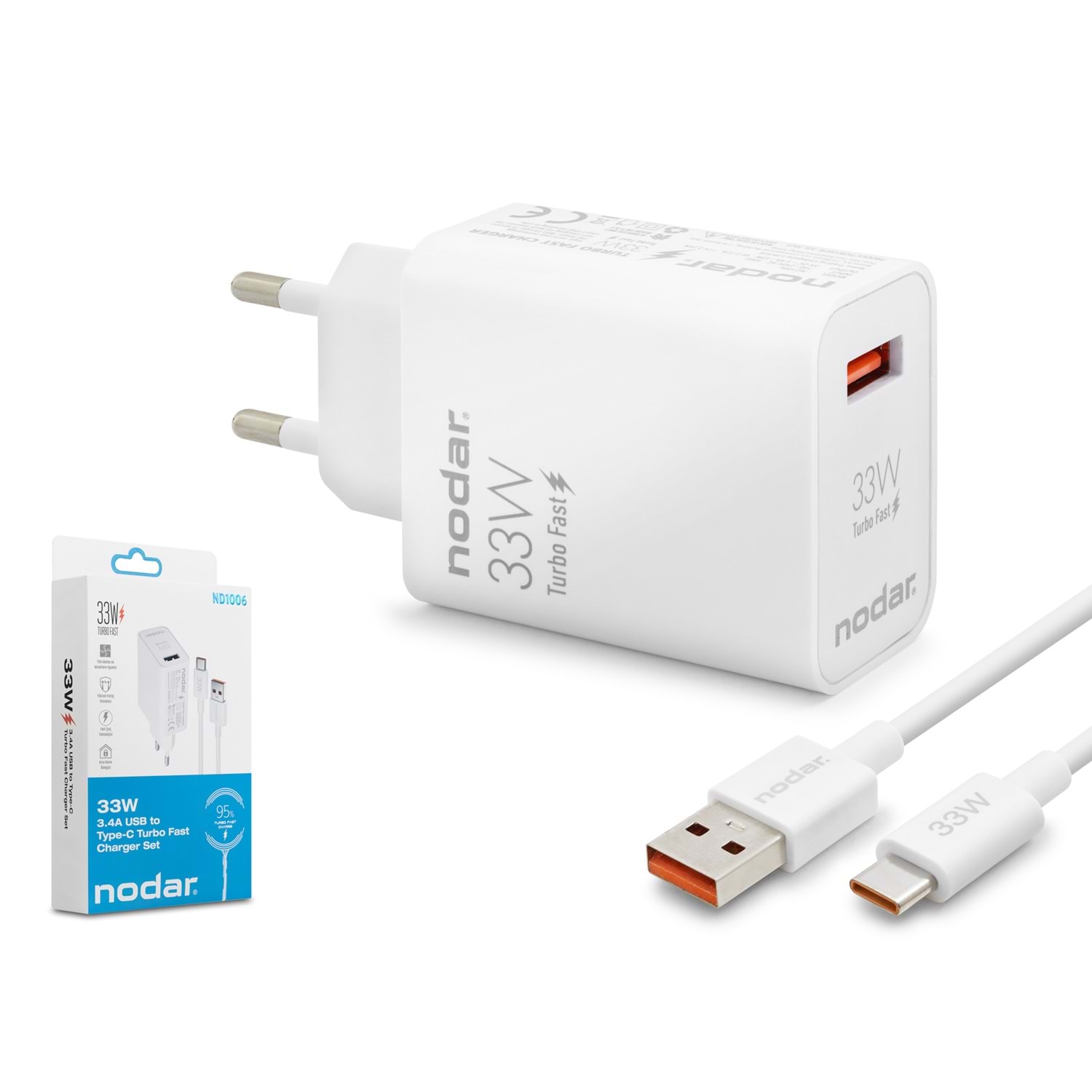 Kruxon ND1006 Type-C Hızlı Şarj Seti 33W USB Adaptörlü 1 m PVC Kablolu Beyaz