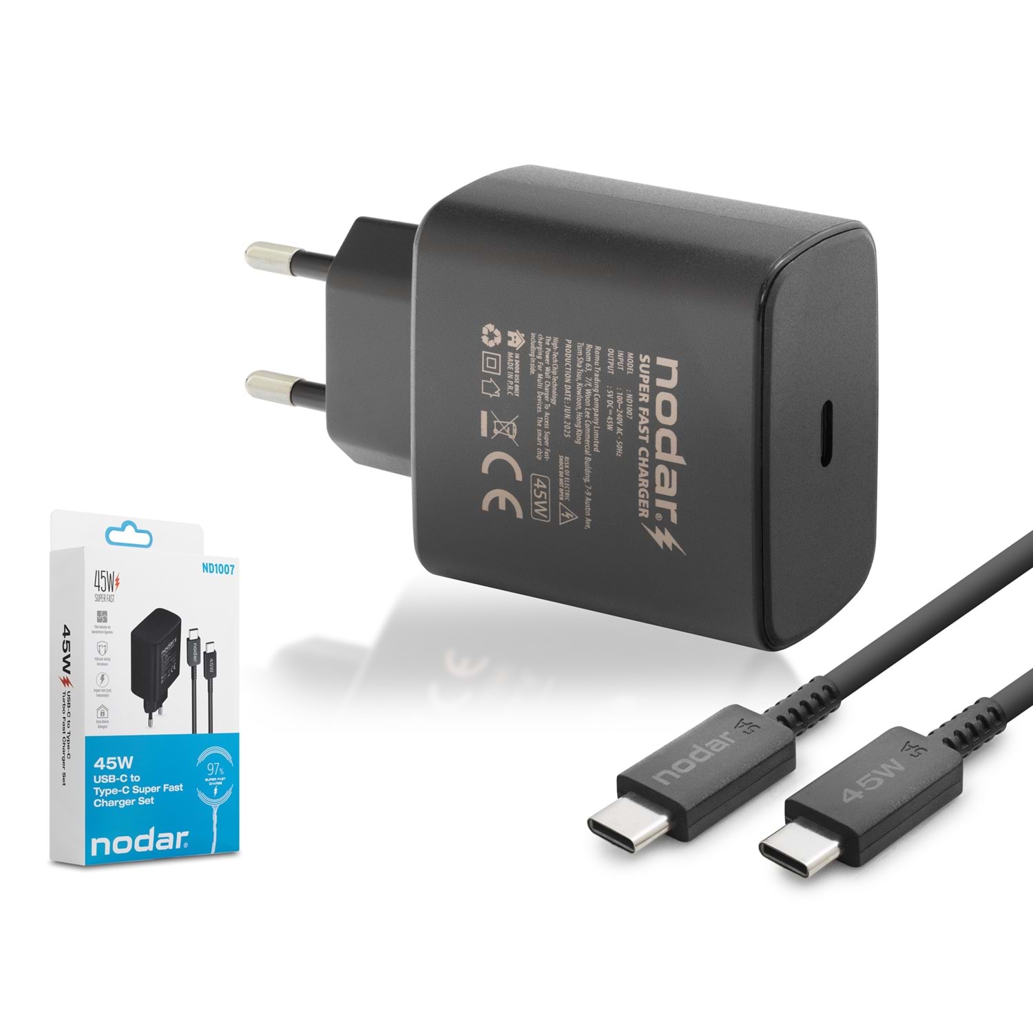 Kruxon ND1007 Type-C PD Hızlı Şarj Seti 45W Type-C Adaptörlü 1 m PVC Kablolu Siyah