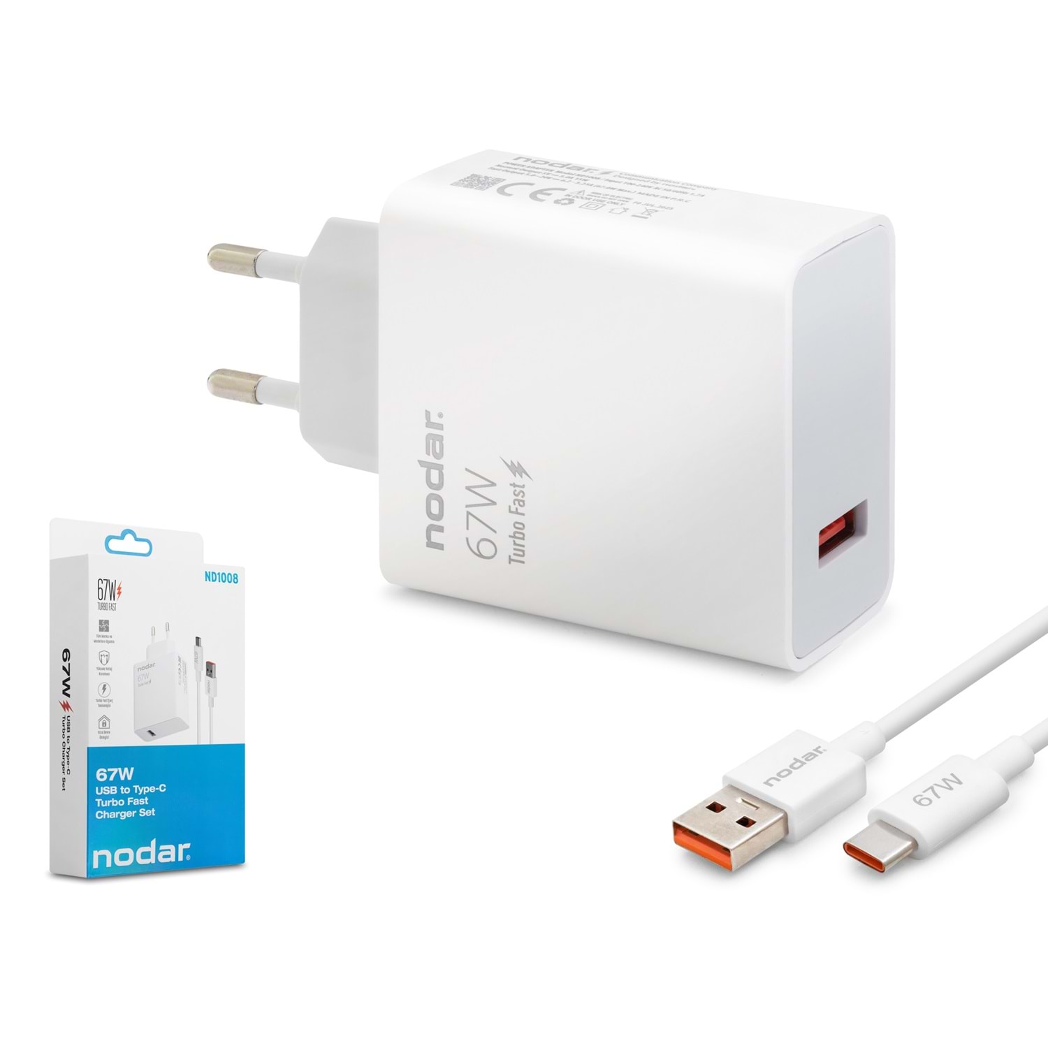 Kruxon ND1008 Type-C Hızlı Şarj Seti 67W USB Adaptörlü 95 cm PVC Kablolu Beyaz
