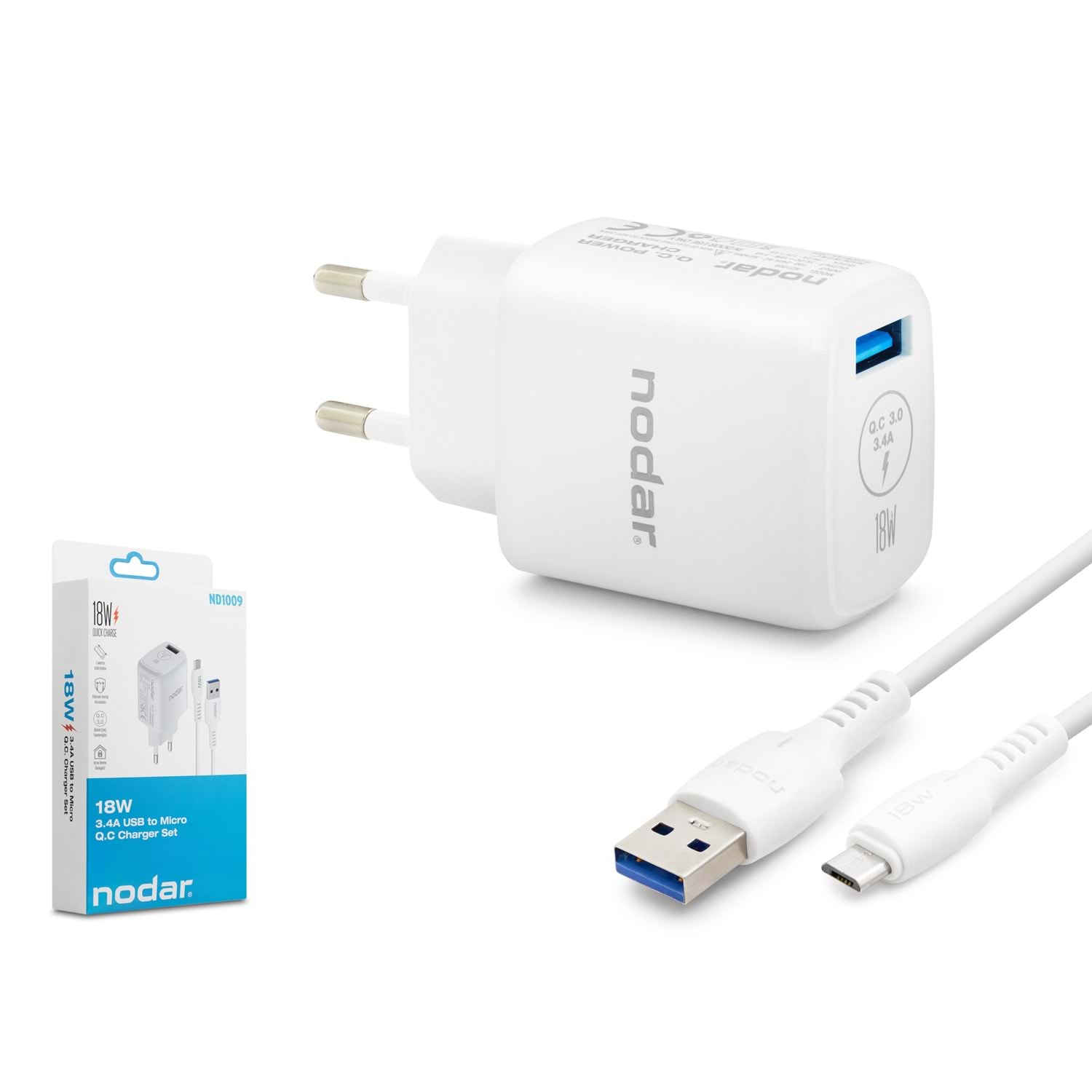 Kruxon ND1009 Micro USB QC 3.0 Hızlı Şarj Seti 18W 3.4A USB Adaptörlü 1 m PVC Kablolu Beyaz
