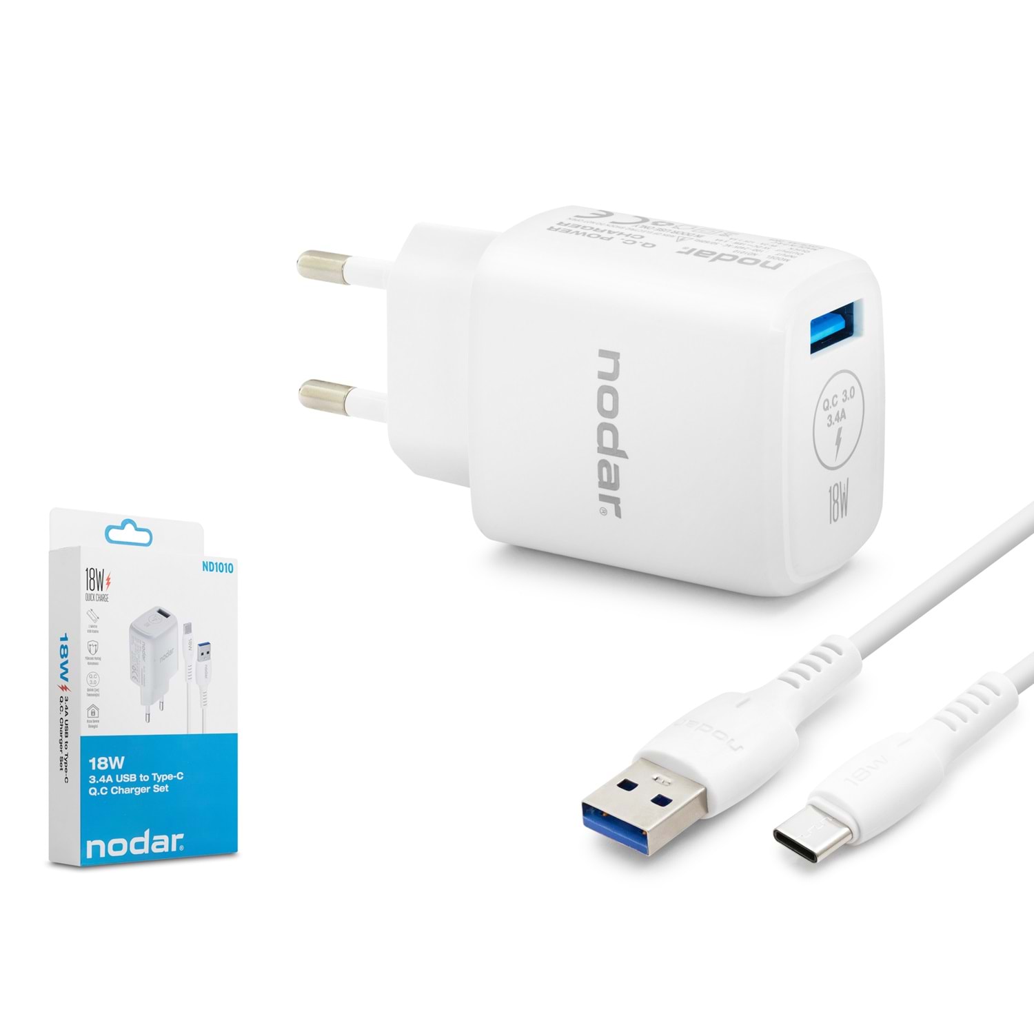 Kruxon ND1010 Type-C QC 3.0 Hızlı Şarj Seti 18W 3.4A USB Adaptörlü 1 m PVC Kablolu Beyaz