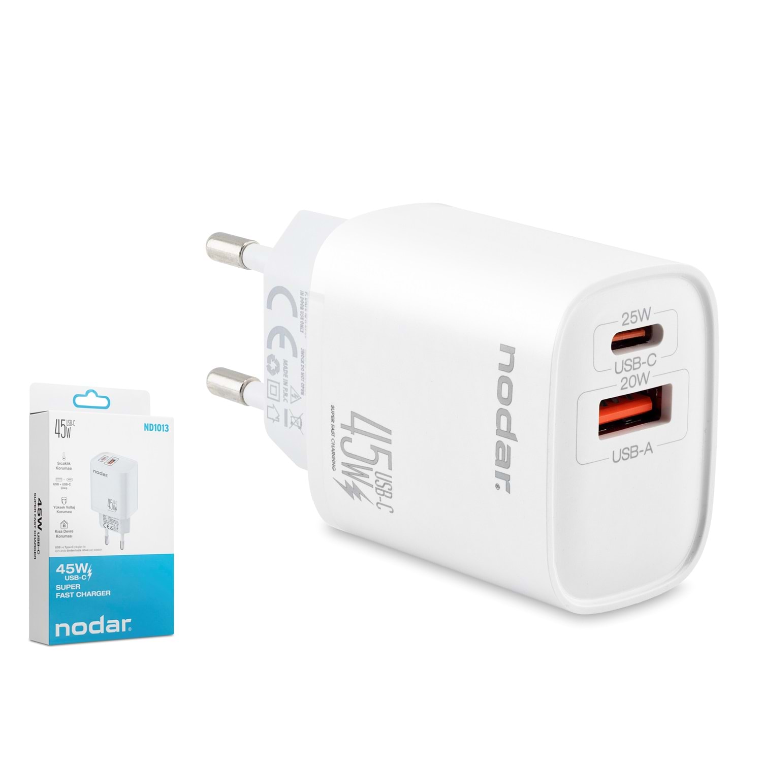 Kruxon ND1013 USB Type-C Çift Çıkışlı Hızlı Şarj Adaptörü 45W Beyaz