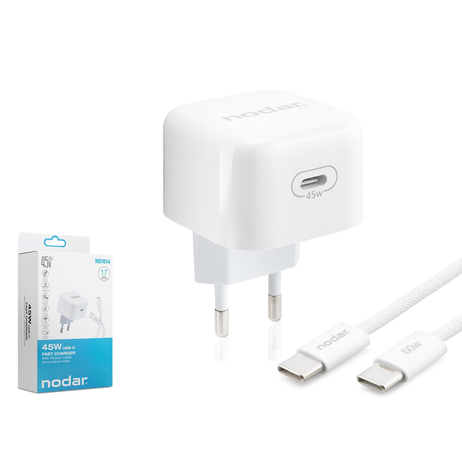 Kruxon ND1014 Type-C Hızlı Şarj Seti 45W Type-C Adaptörlü 1 m Örgülü Kablolu Beyaz