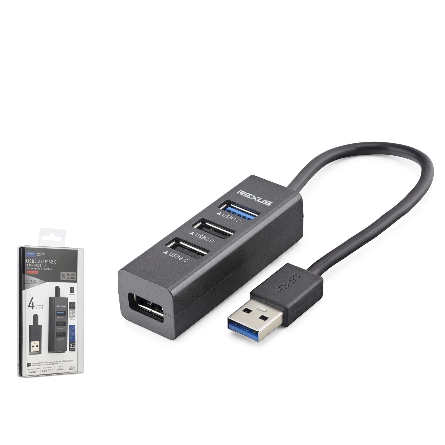 REXUS U3201 USB 3.2 Gen1 Hub 4 Port 5 Gbps Siyah