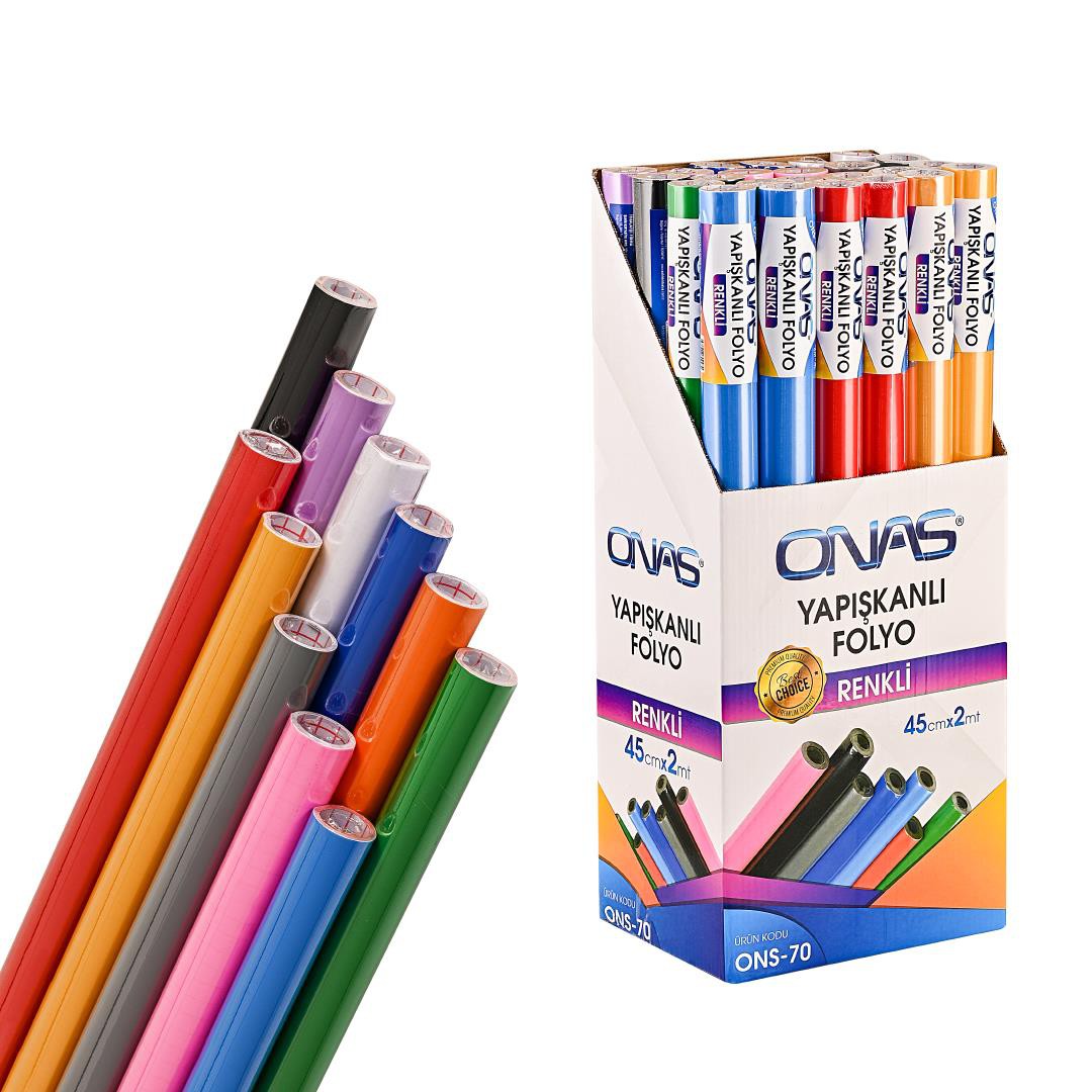 ONAS ONS-70 DÜZ YAPIŞKANLI RENKLİ FOLYO 45CM X 2MT 24'LÜ