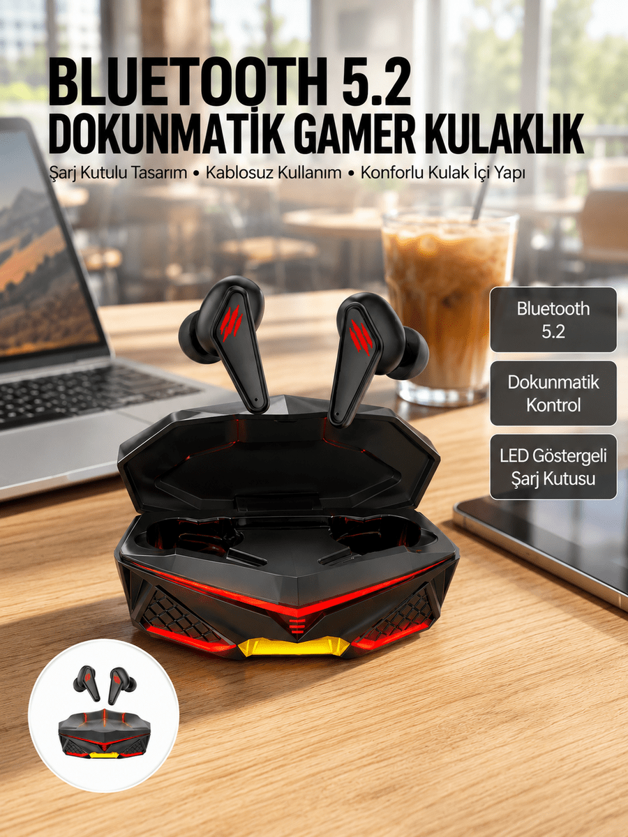 Dokunmatik Kontrol Tws Işıklı Kulakiçi Bluetooth Kulaklık Kablosuz Oyuncu Kulaklığı