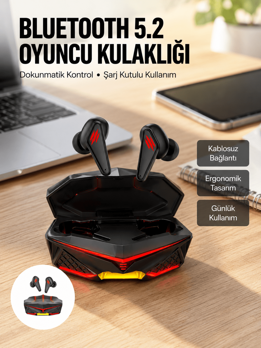 Profesyonel TWS Işıklı Kablosuz Bluetooth Kulaklık Oyuncu Kulaklığı