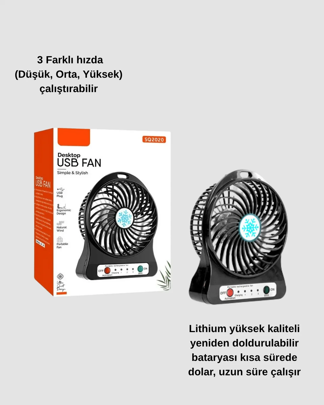 Mini Vantilatör Masaüstü – USB Girişli, Şarjlı, 3 Kademe, Sessiz Motor, Işıklı