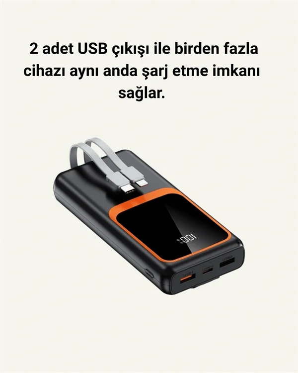 20.000 mAh Powerbank – 22.5W Hızlı Şarj, Çok Kablolu, Dijital Göstergeli