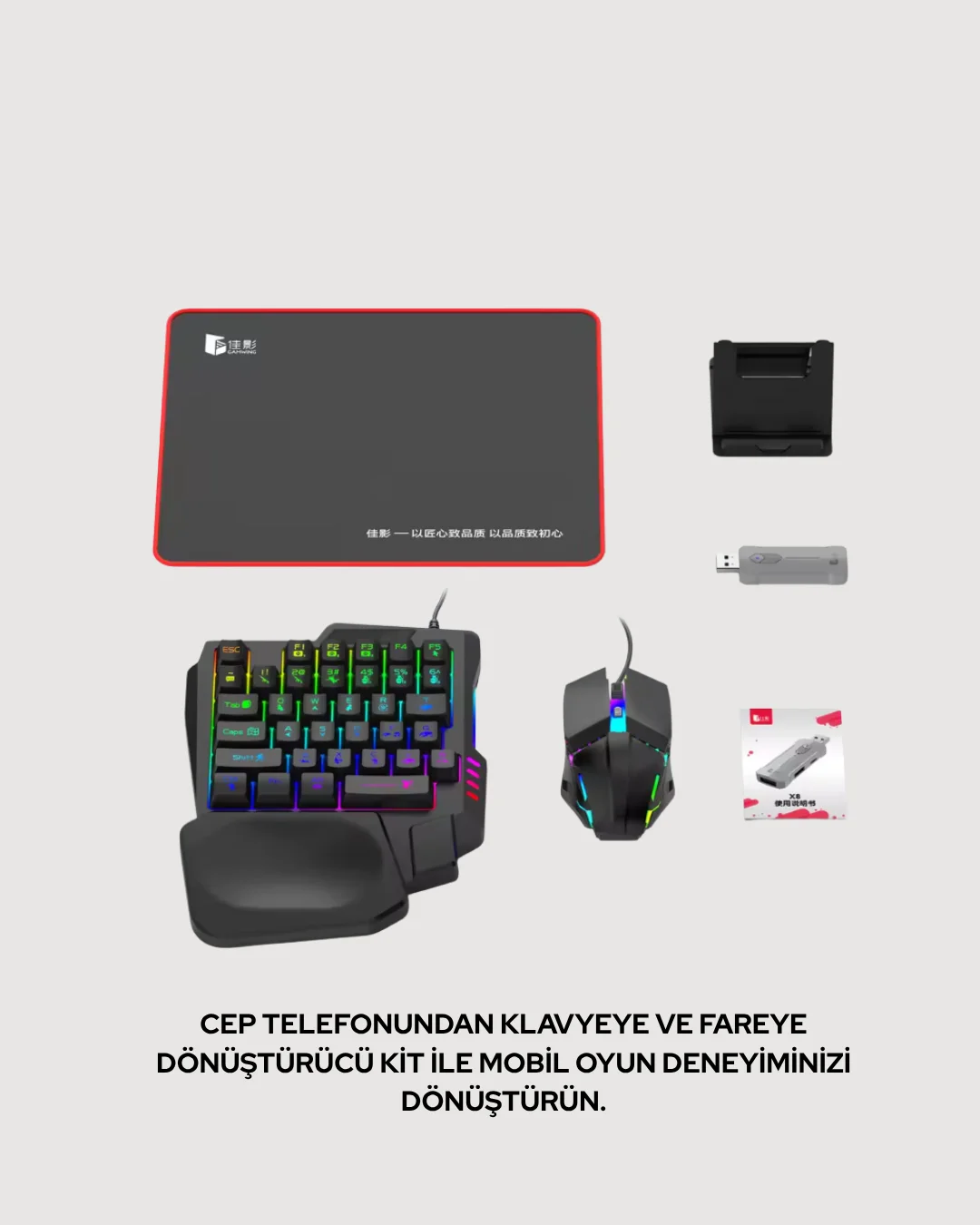 RGB Klavye + Mouse + Dönüştürücü Seti – Mobil Oyunlarda Üstün Kontrol