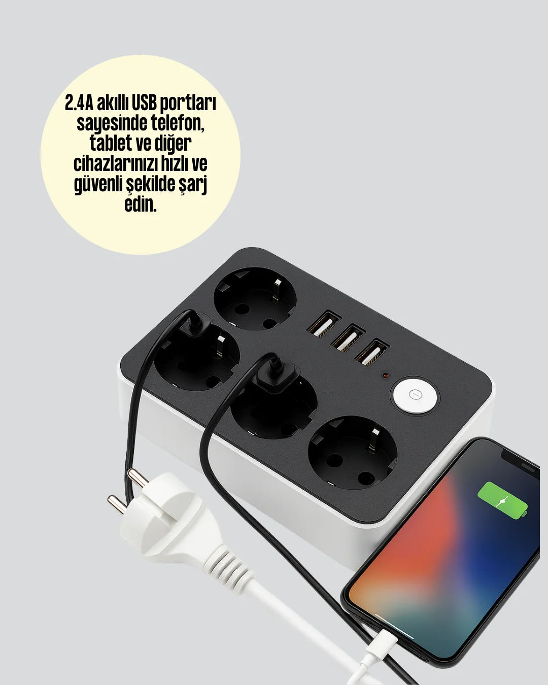 3 USB Çıkışlı 4’lü Akıllı Priz 2500W 2 Metre Kablo
