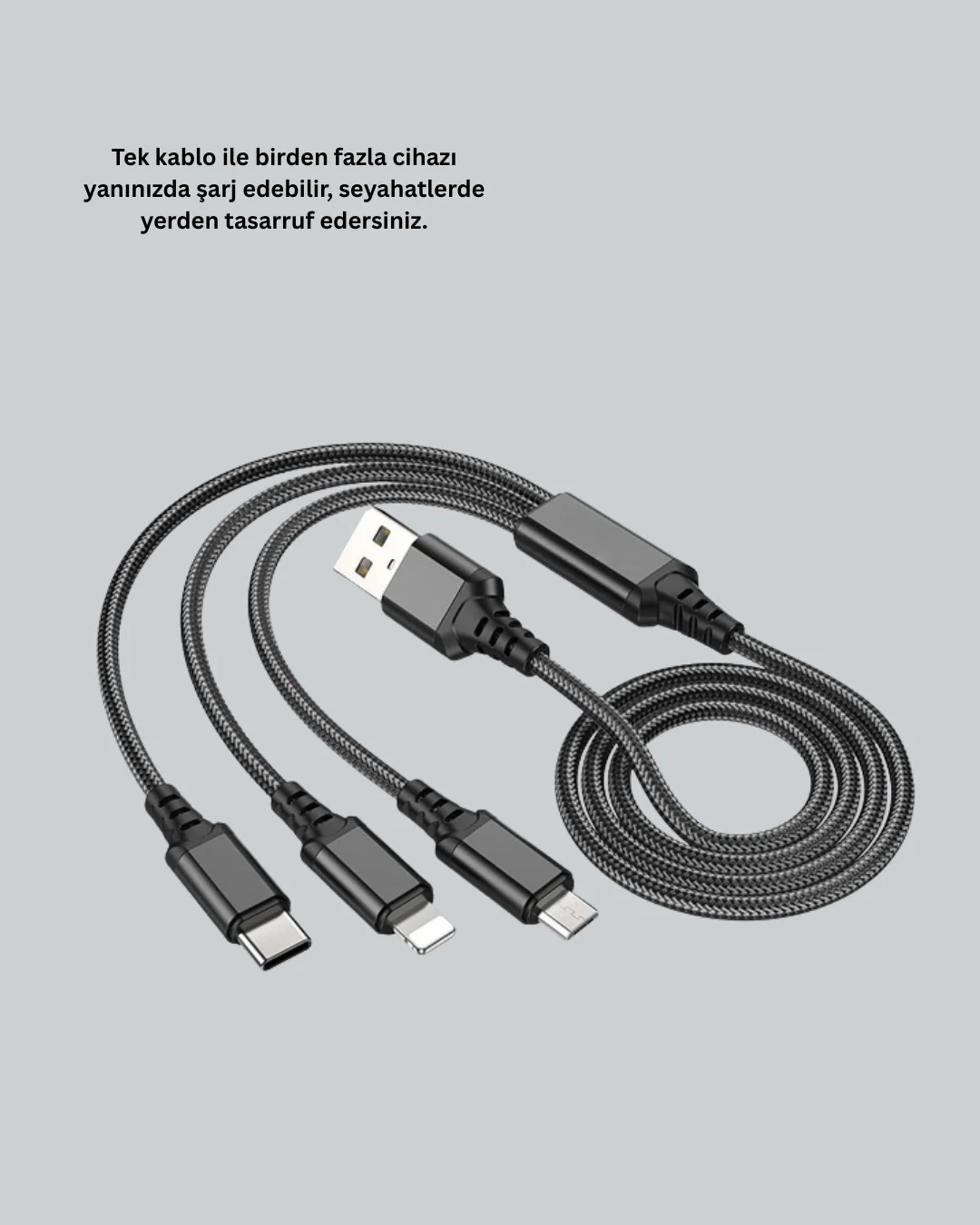 3’ü 1 Arada Hızlı Şarj Kablosu – iOS Android Type-C Uyumlu