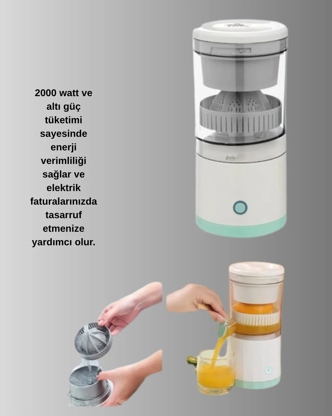 Taşınabilir Katı Meyve Sıkacağı – 45W Güçlü Motor, Çift Kesici Bıçak, USB Şarjlı ve Kompakt Tasarım