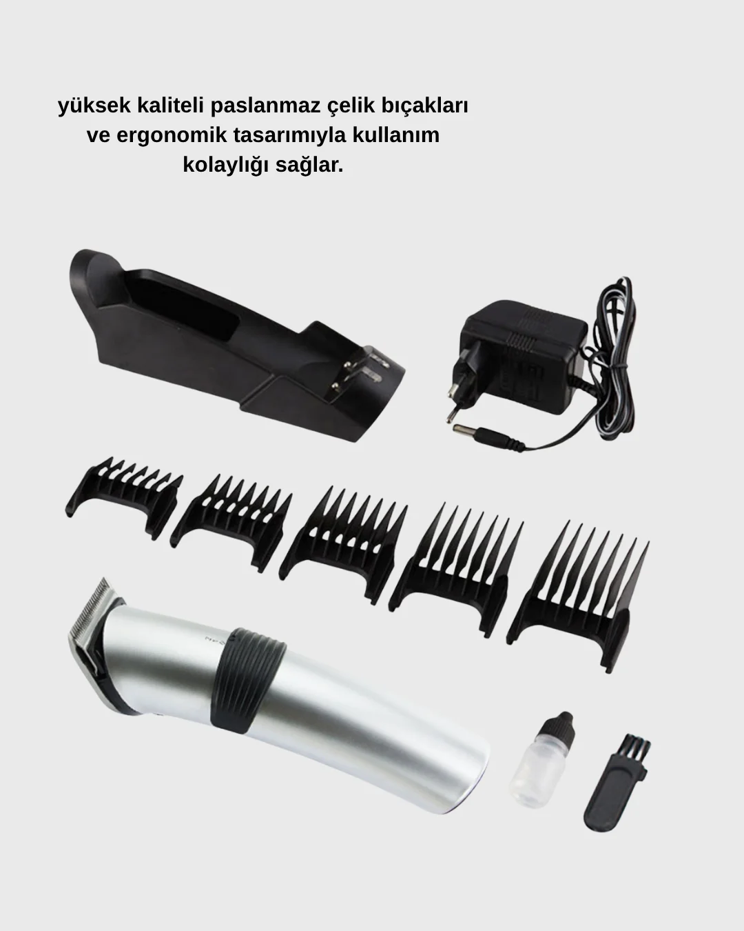 Profesyonel Şarjlı Saç ve Sakal Kesme Makinesi – Paslanmaz Çelik Bıçaklı, Ergonomik ve Sessiz Motorlu