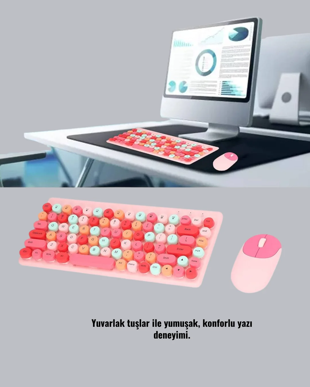 Renkli Retro Tuş Takımlı Klavye – 3 Cihaz Bağlantısı, Medya Kısayol Tuşları Yeni Nesil
