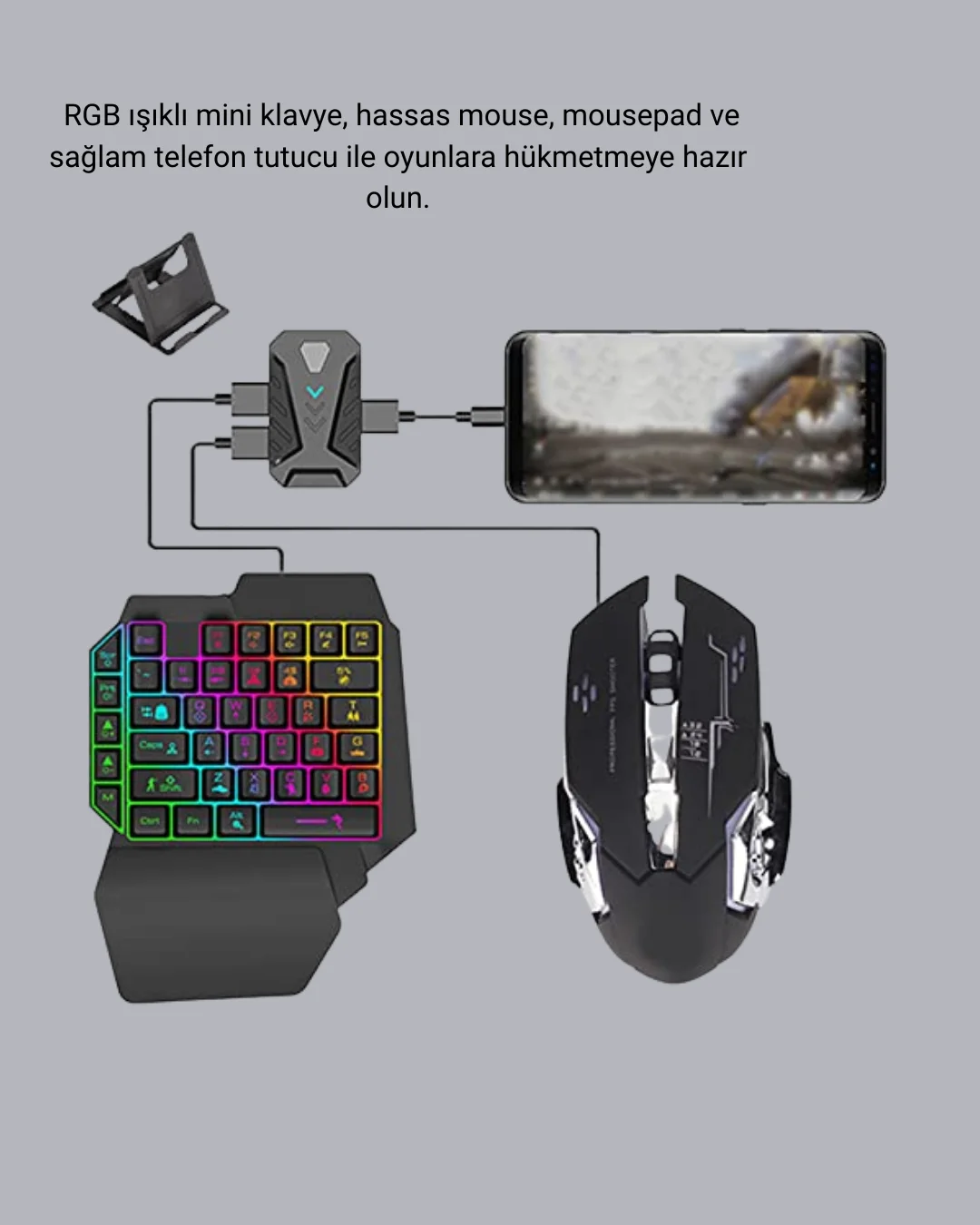 Mobil Gaming Oyun Seti 5in1 X8 Pro Çipset RGB Klavye Mouse Telefon Tutucu