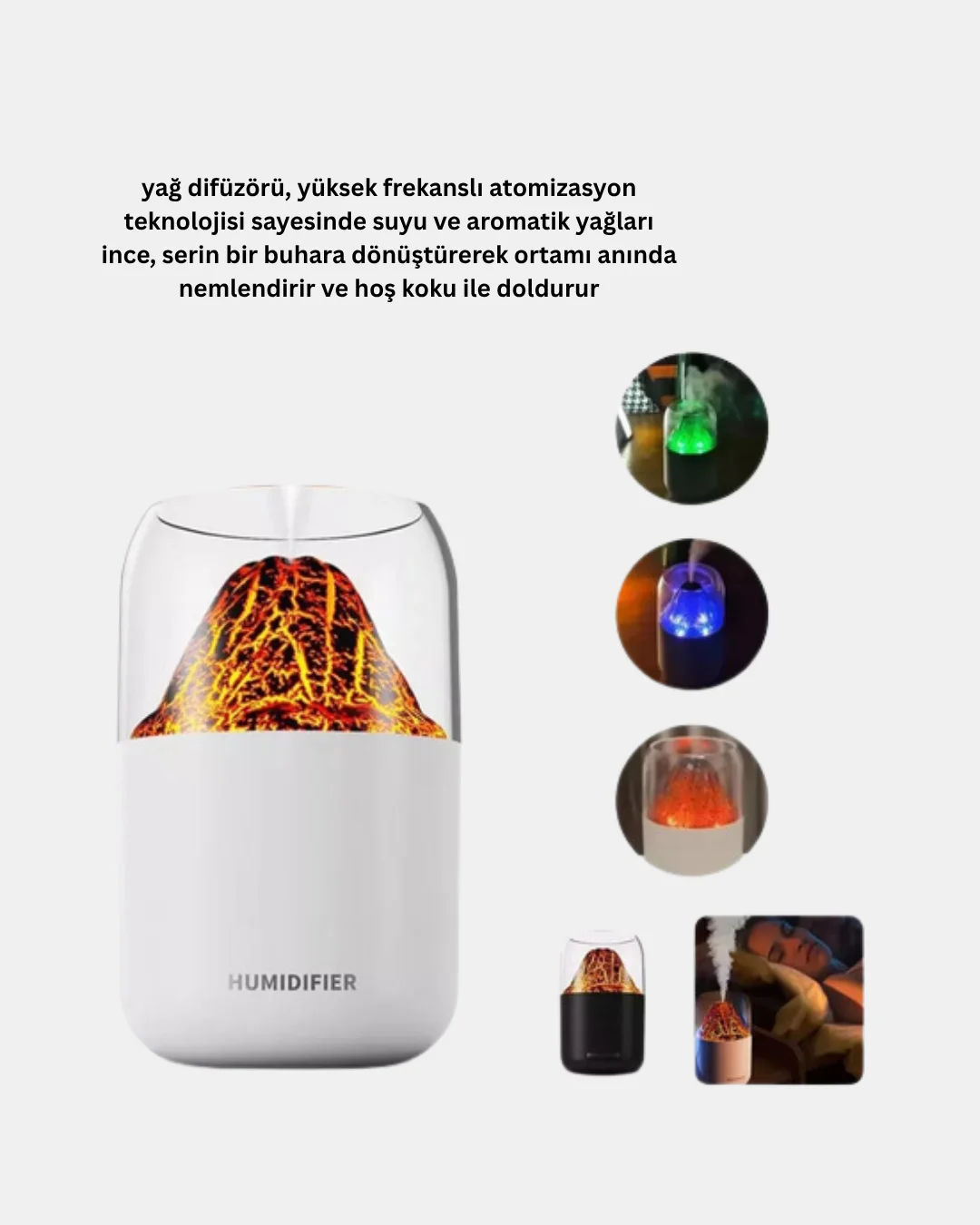 Ultrasonik Alev Efektli Aromaterapi Difüzörü USB Şarjlı ve Otomatik Kapanma Özellikli
