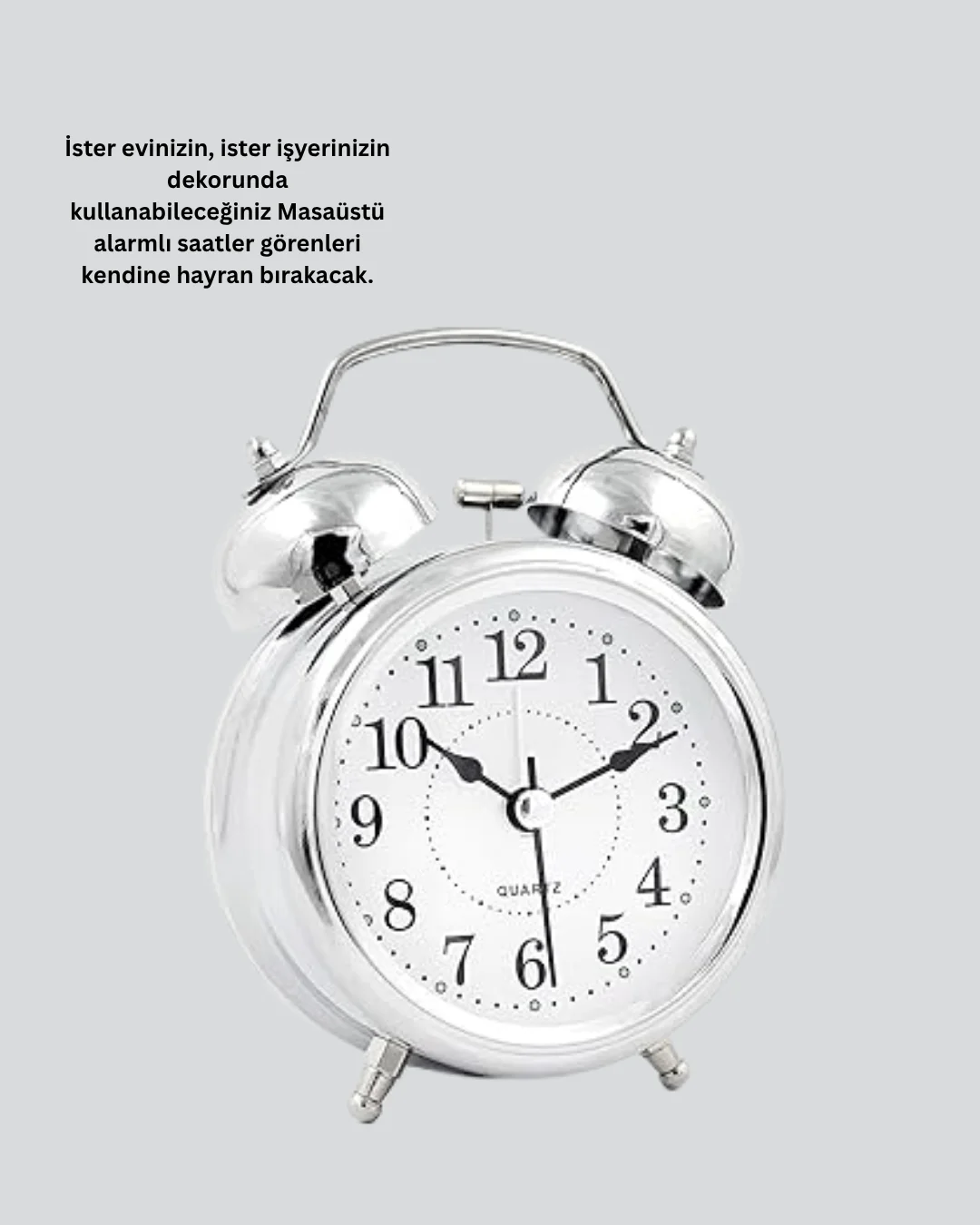 Gümüş Renkli Sessiz Işıklı Dekoratif Masa Üstü Çalar Saat Alarmlı