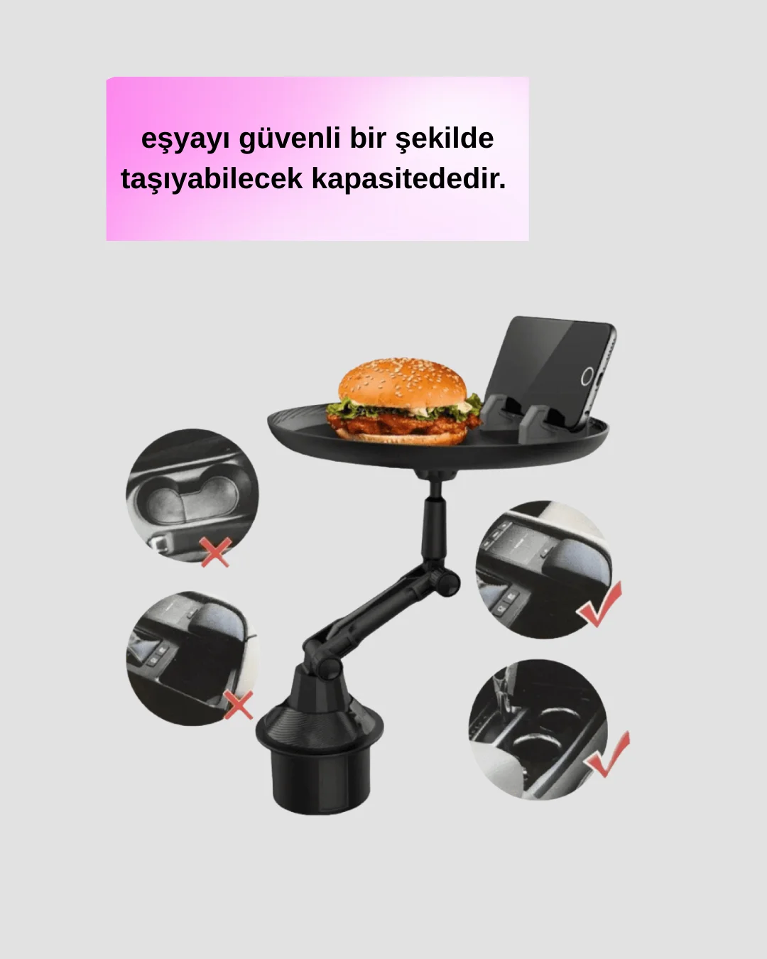 Araç Bardaklık Tepsisi 360° Dönebilen Kol Ayarlı Geniş Yemek Alanlı