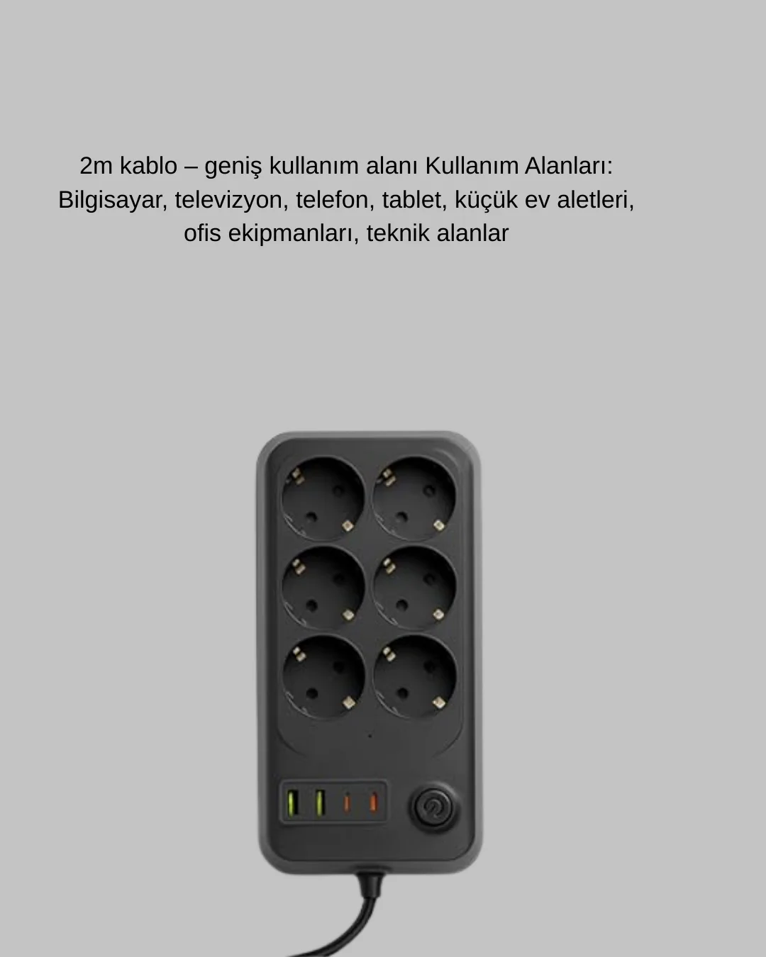 6’lı Grup Priz Termal Korumalı USB Type-C Çoklu Priz 2 Metre Kablo