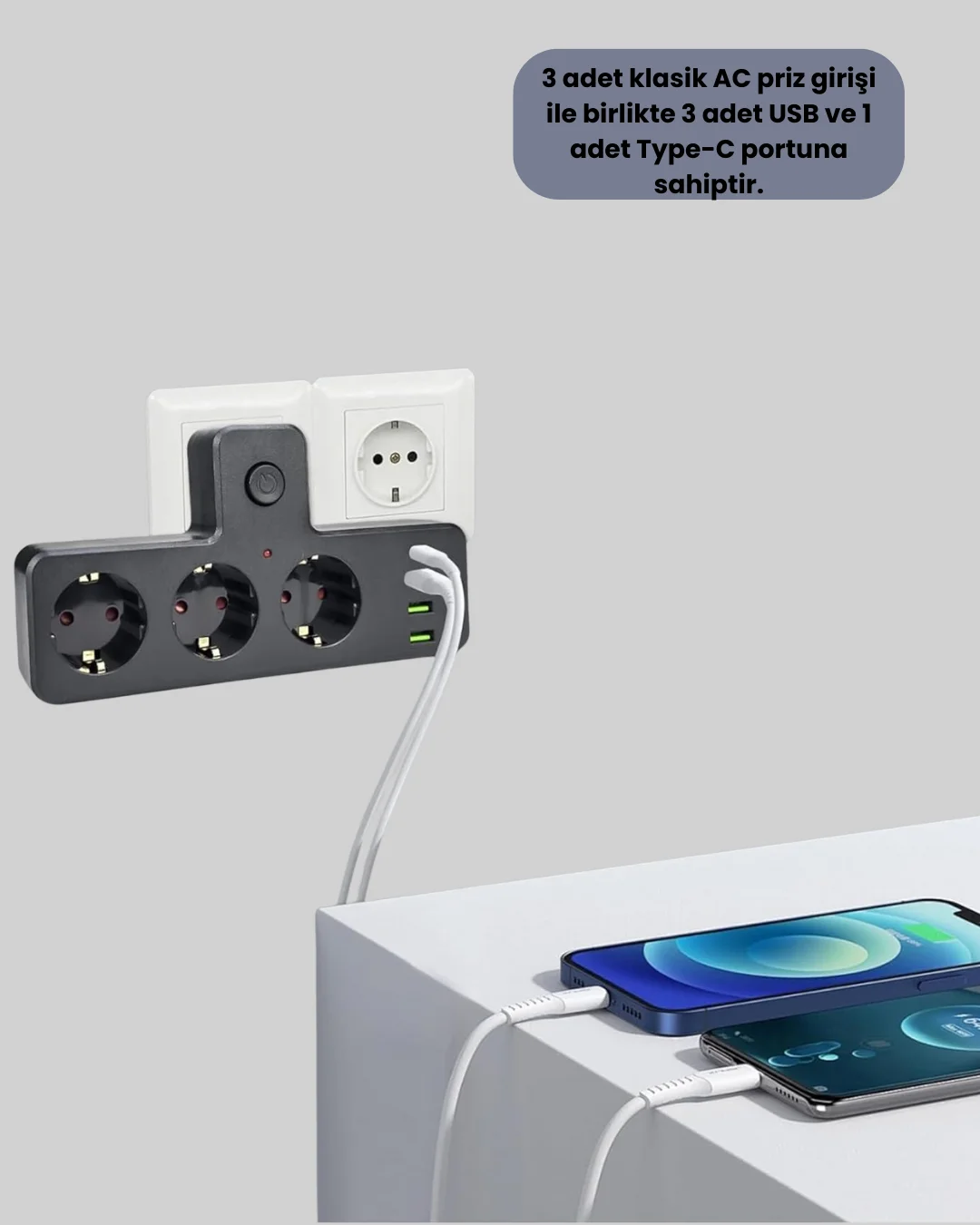 USB ve Type-C Portlu Anahtarlı Çoklu Priz Güç Ünitesi