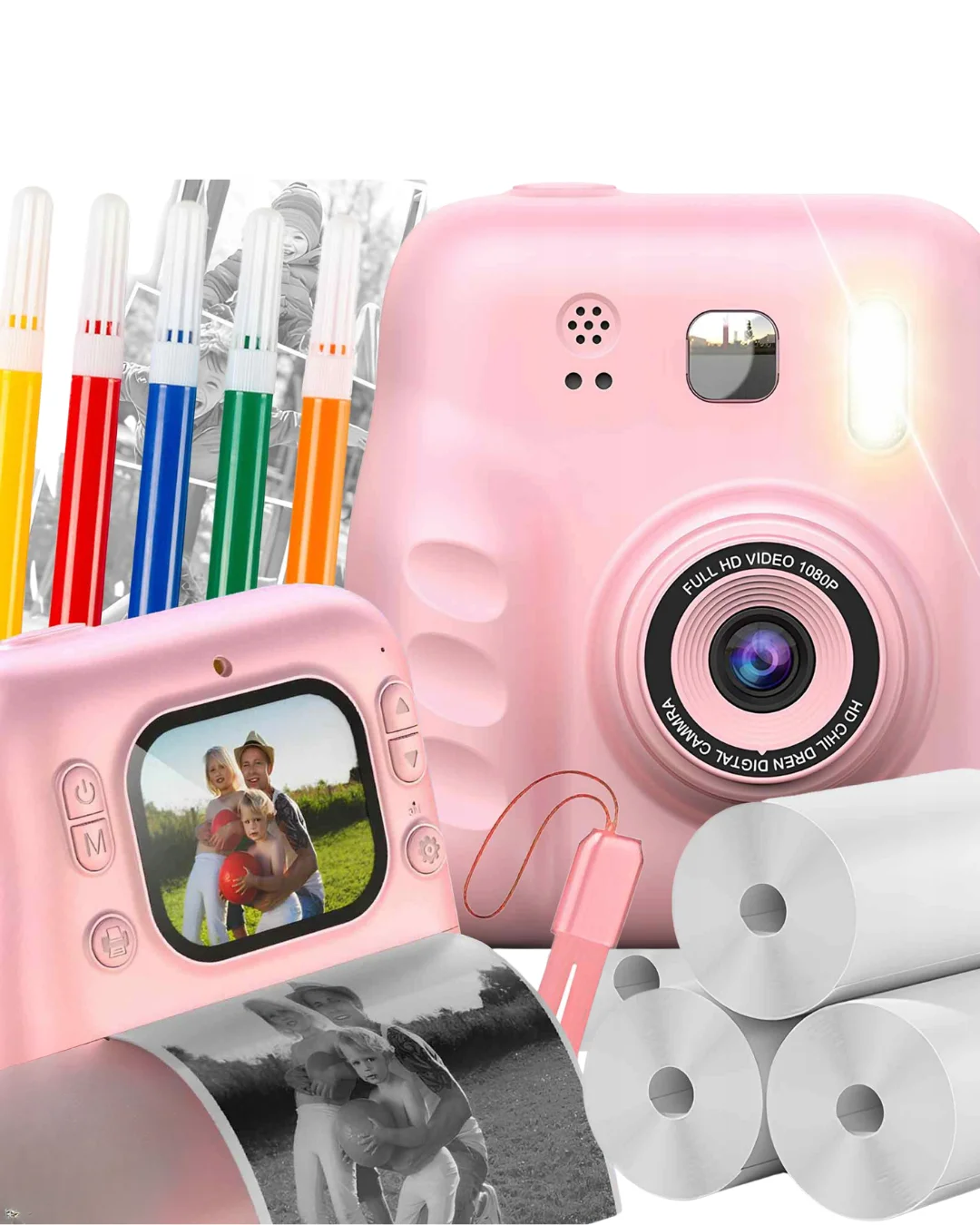 HD Ekranlı Çocuk Fotoğraf Makinesi Video Kayıt ve Baskı Kağıdı Kalem Hediyeli