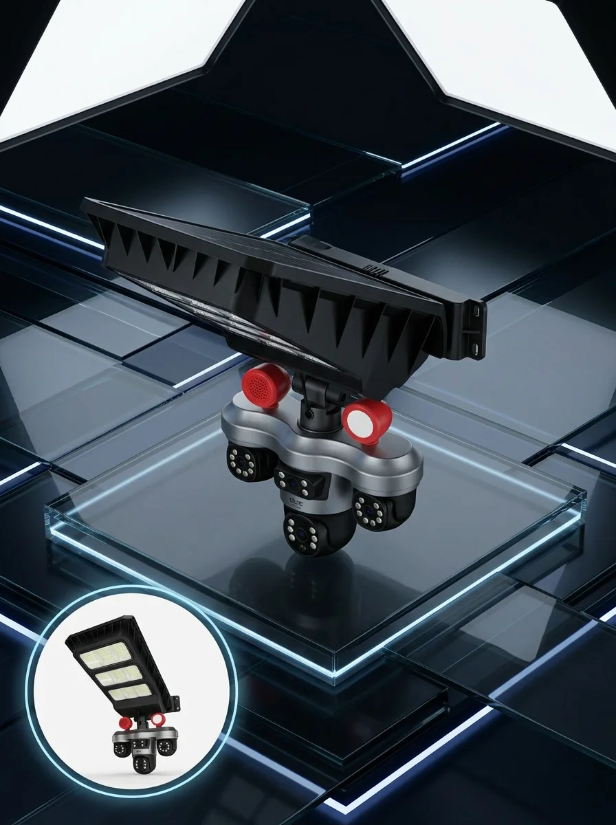 Güneş Enerjili 3 Lens Akıllı Güvenlik Kamerası LED Projektörlü Dış Mekan Koruma Sistemi