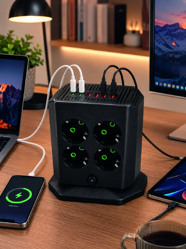 Akım Korumalı 8'li Dikey Priz 4 USB 2 Type-C Hızlı Şarj Destekli Çoklu Priz