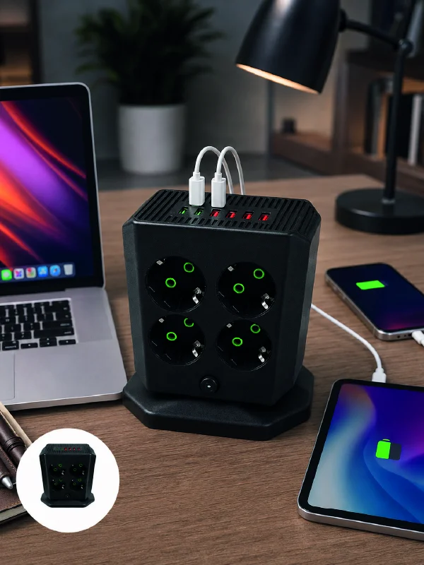 Dikey Priz Kulesi 8 AC Priz 4 USB 2 Type-C Çocuk Korumalı Güç Dağıtıcı