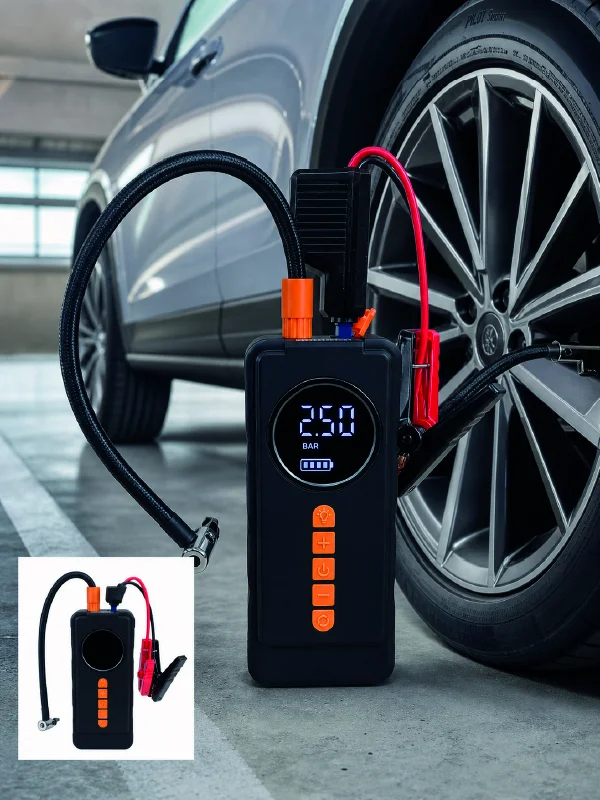 Dijital Lastik Şişirme Kompresörü Akü Takviye Powerbank LED Aydınlatmalı Acil Durum Cihazı