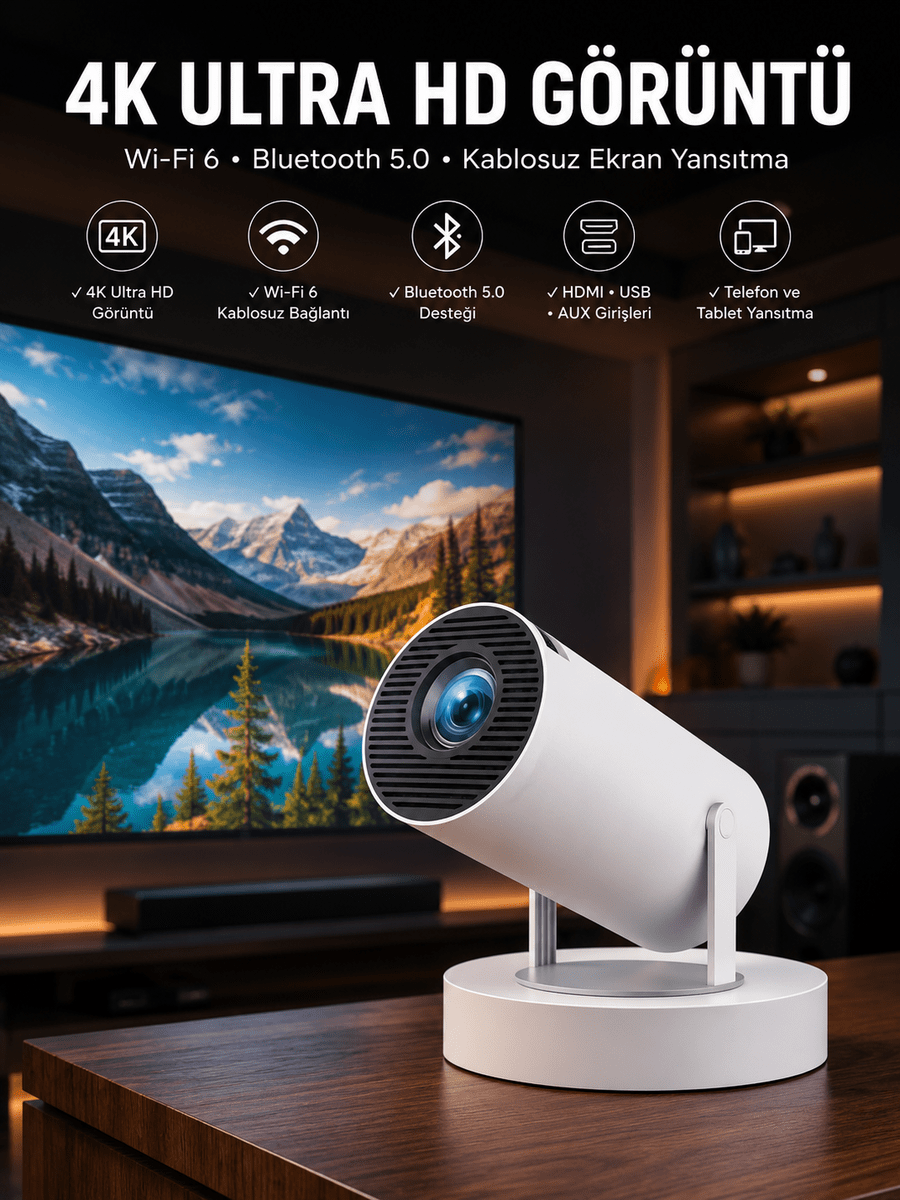 Taşınabilir Android Projeksiyon Ayaklı Çift Kollu 4K Çözünürlüklü Sinema Projeksiyonu