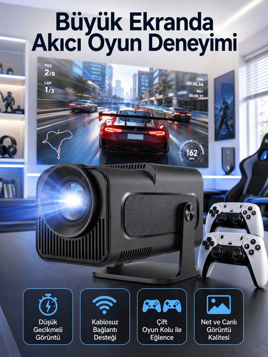 Çift Kollu Game Box Projeksiyon Cihazı Kumandalı Android Tv Dahili Hoparlör
