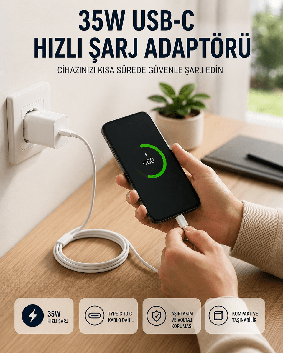 Type-C to C Kablolu 35W Hızlı Şarj Başlığı Set