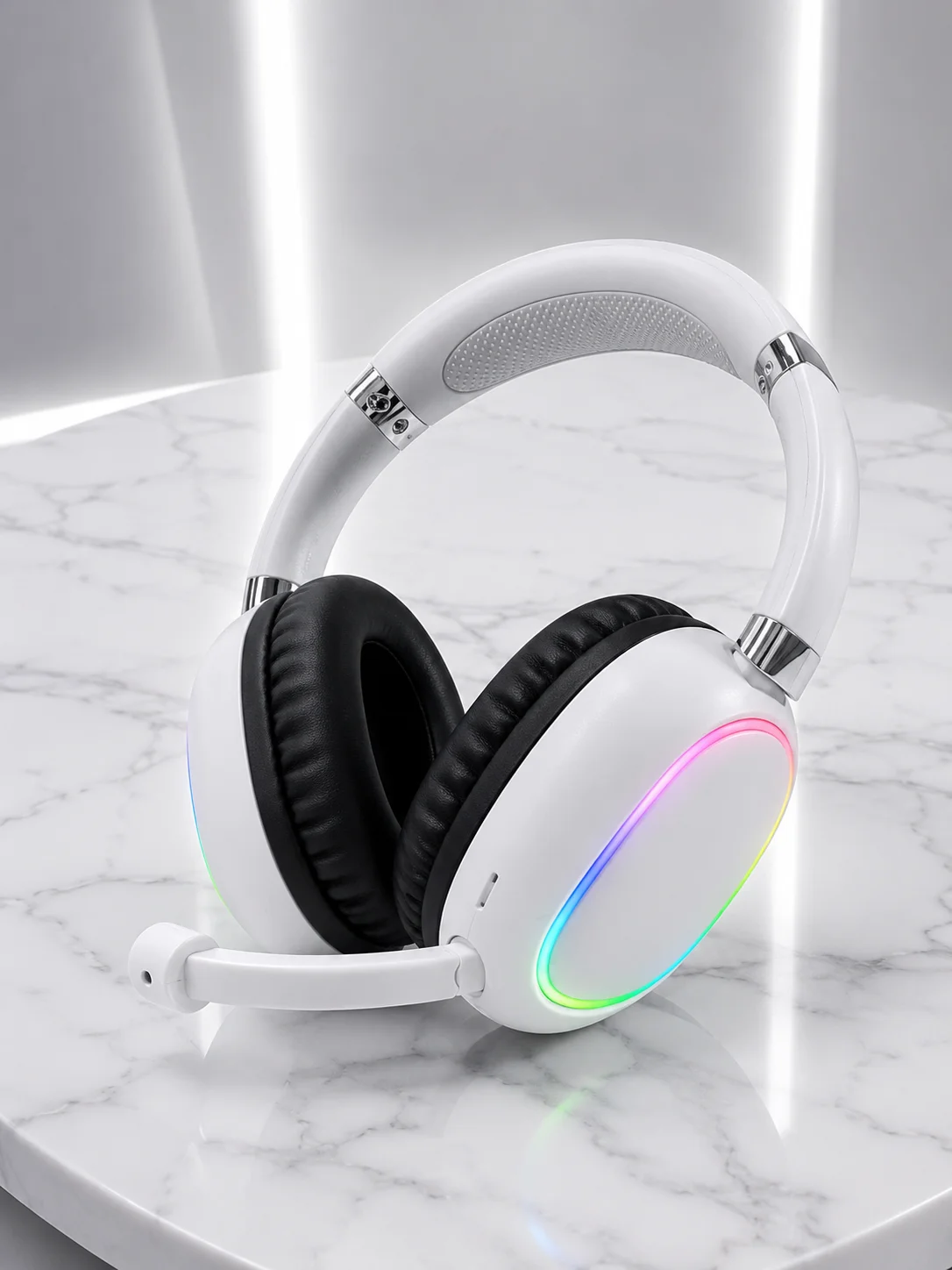 Beyaz Bluetooth 5.0 Mikrofonlu Kablosuz Kulak Üstü Kulaklık RGB Işıklı Type-C Şarjlı