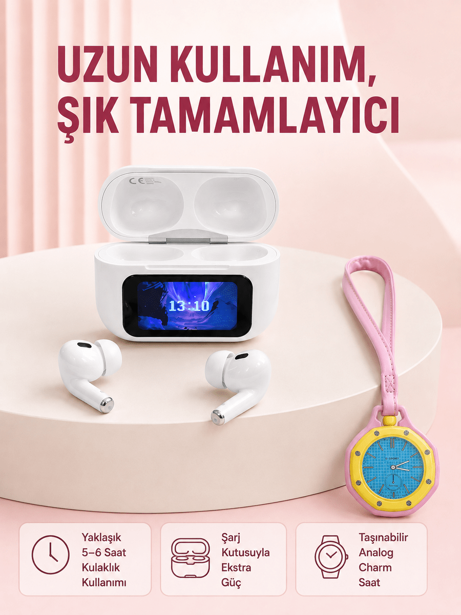 Ekranlı Kablosuz Kulaklık ve Pembe Çanta Charm Saat Kampanya Seti