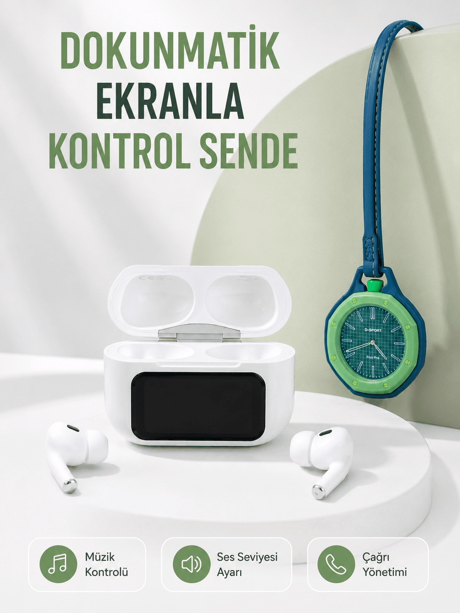 Bluetooth 5.4 Kablosuz Kulaklık Yeşil Askılı Analog Charm Saat İkili Set